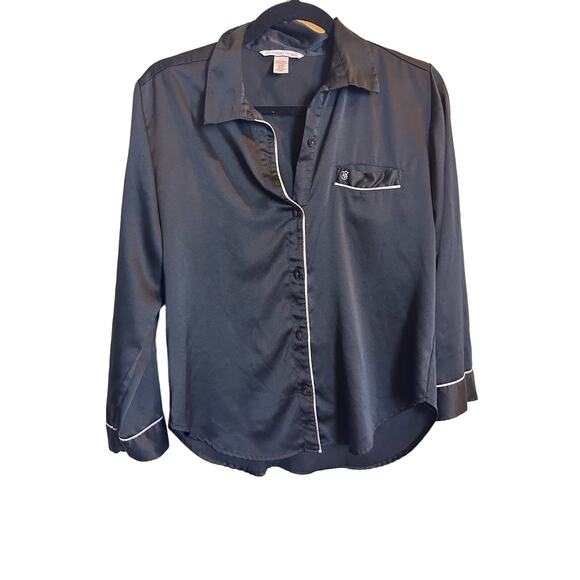 Victoria Secret Black Pajama Shirt Size Small Pink Stripe Button Up Loungewear - Picture 1 of 7